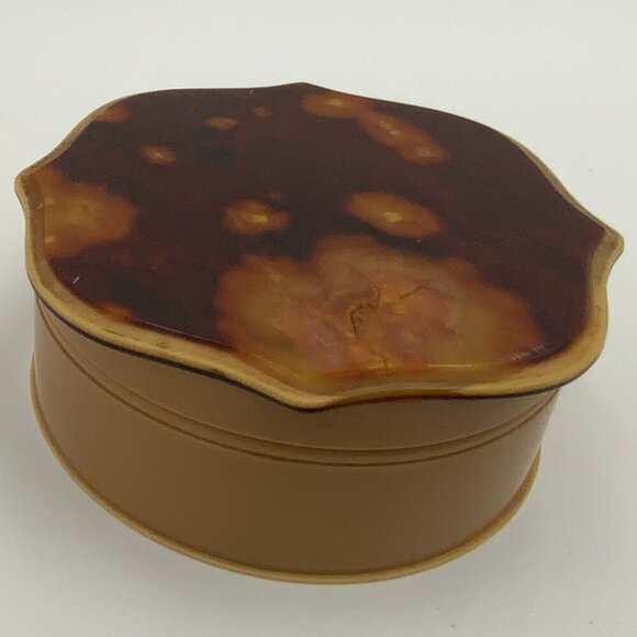 VTG Art Deco Tan Celluloid Powder Puff Box w/Tortoise Design Lid 4 1/2" x 2" - Picture 6 of 10